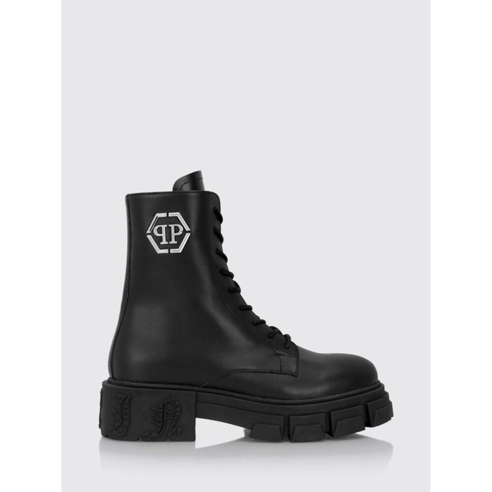 Philipp Plein Men Monogram Calfskin Combat Boots With Hexagon Logo Philipp Plein